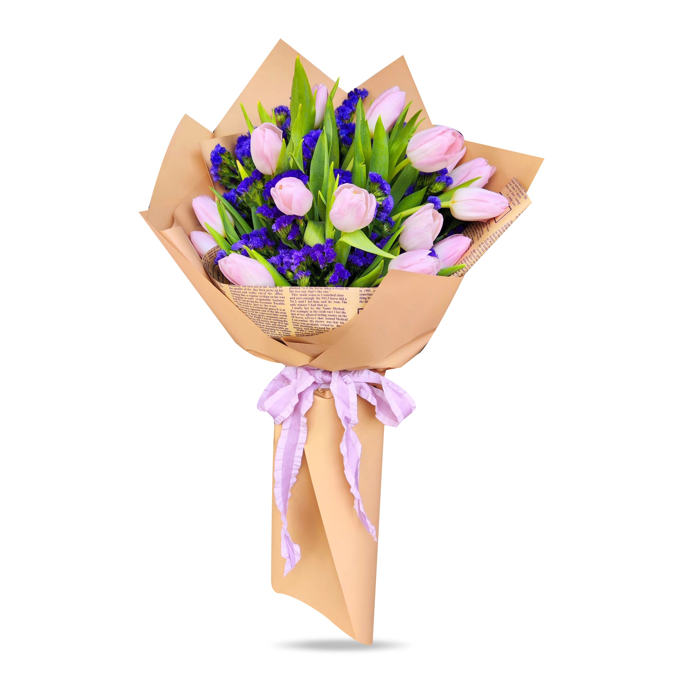 "Timeless Grace" Bouquet of Pink Tulips with Purple Statice