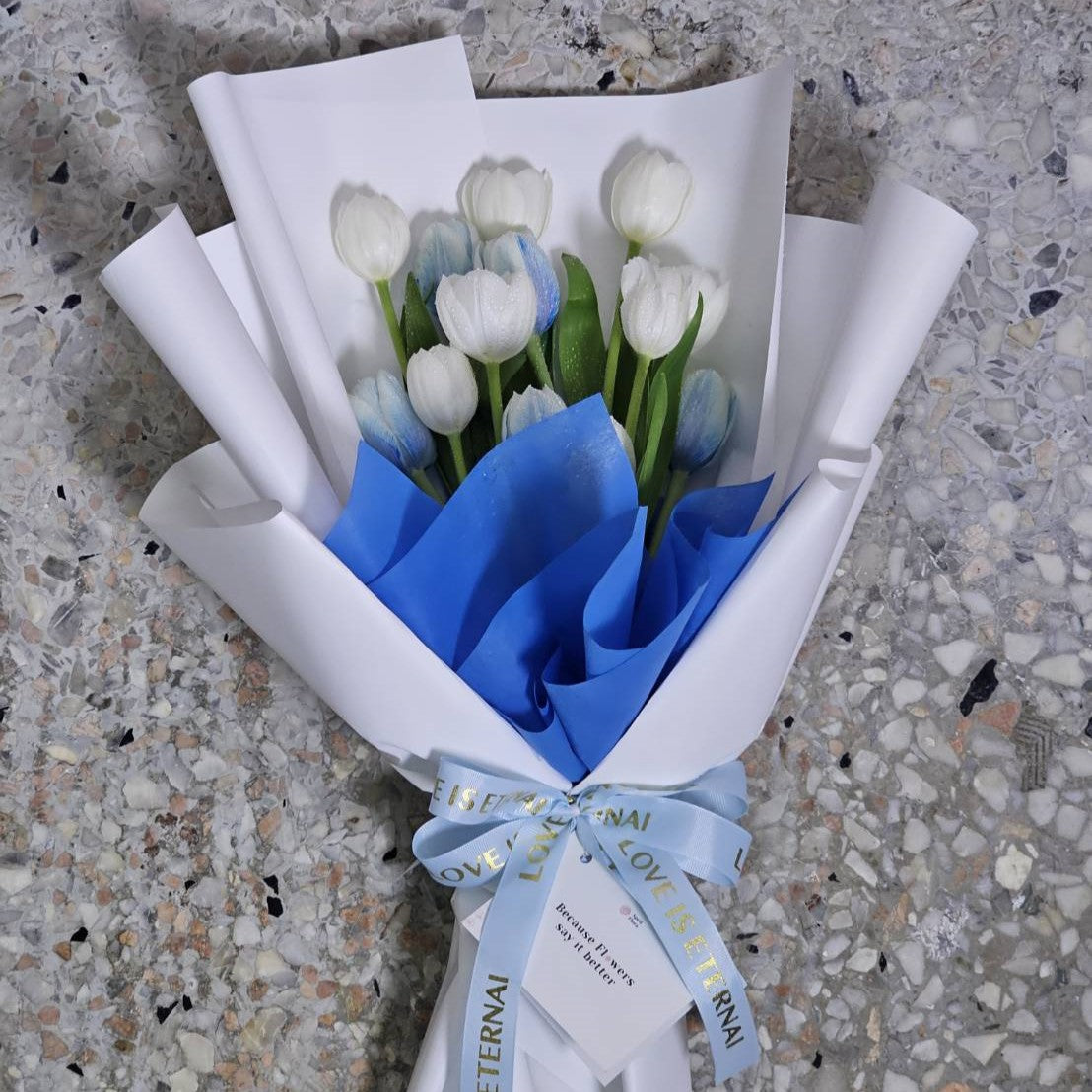 "Venus, My Goddess" Bouquet of Blue and White Tulips