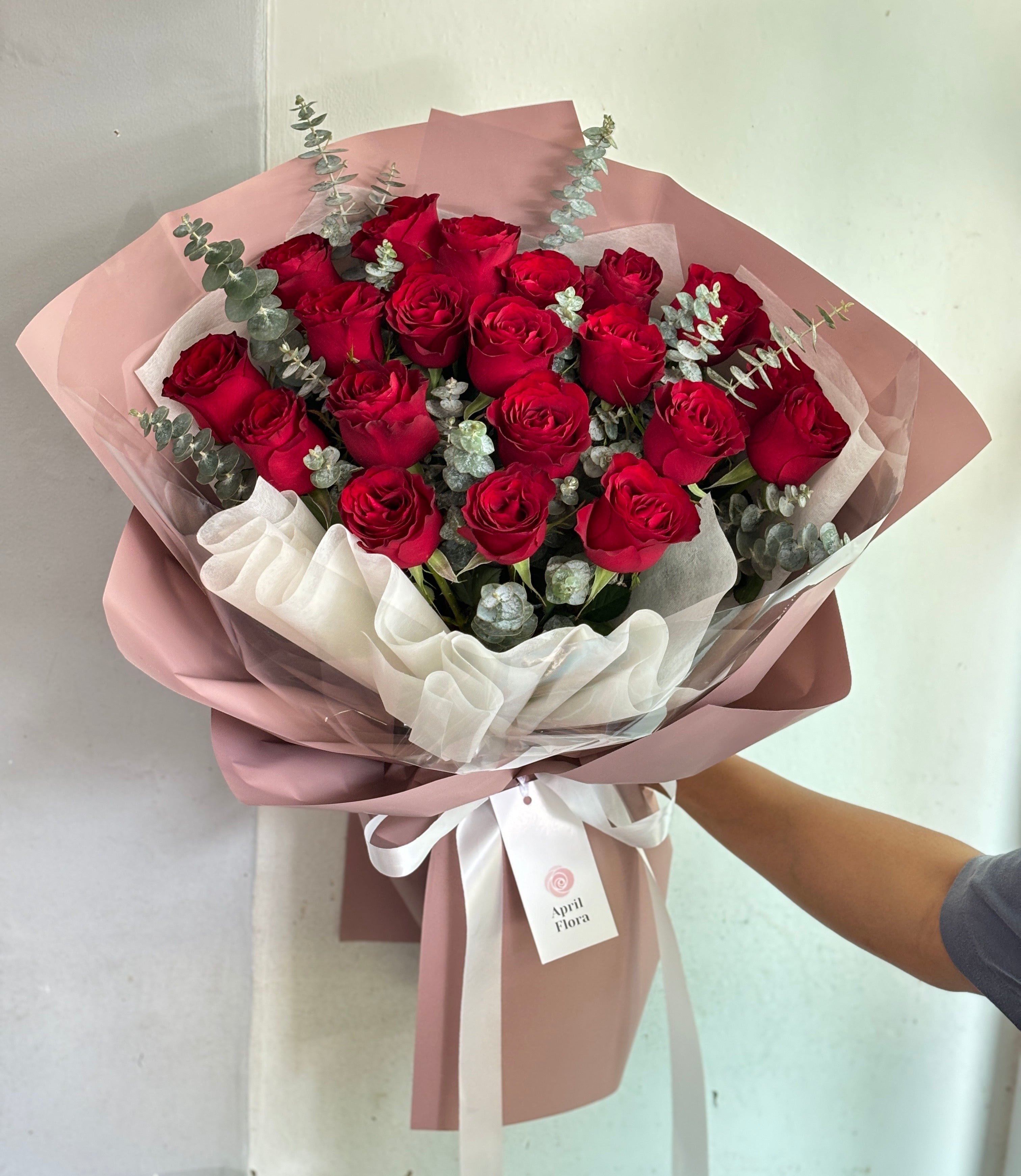 "Cherry Kiss" Bouquet Of 20 Red Roses With Eucalyptus