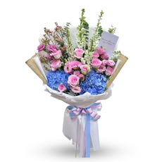 "Cotton Candy Sky" Bouquet of Blue Hydrangea, Pink Roses, Llisianthus With White Delphiniums