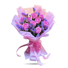 Lavender Dreams - 10 Pink Roses with Purple Statice Bouquet