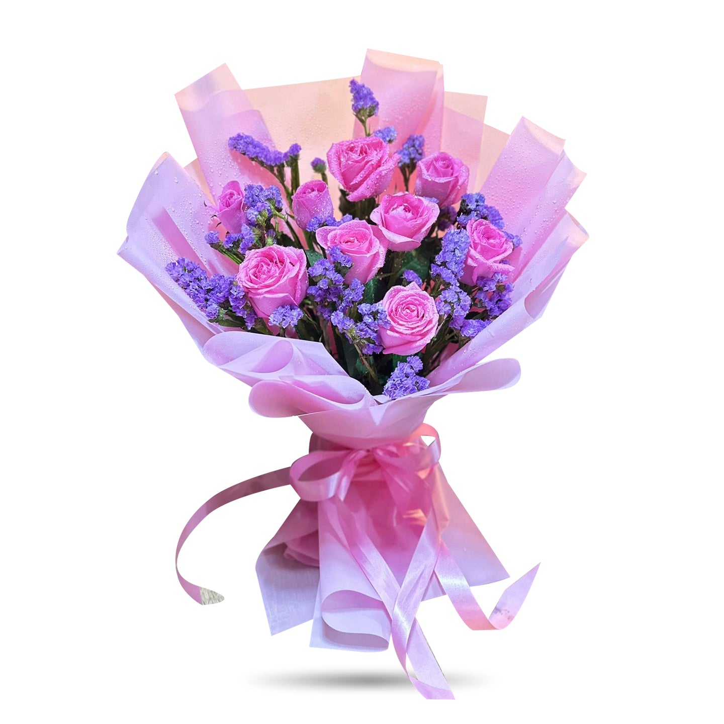 Lavender Dreams - 10 Pink Roses with Purple Statice Bouquet - Phuket