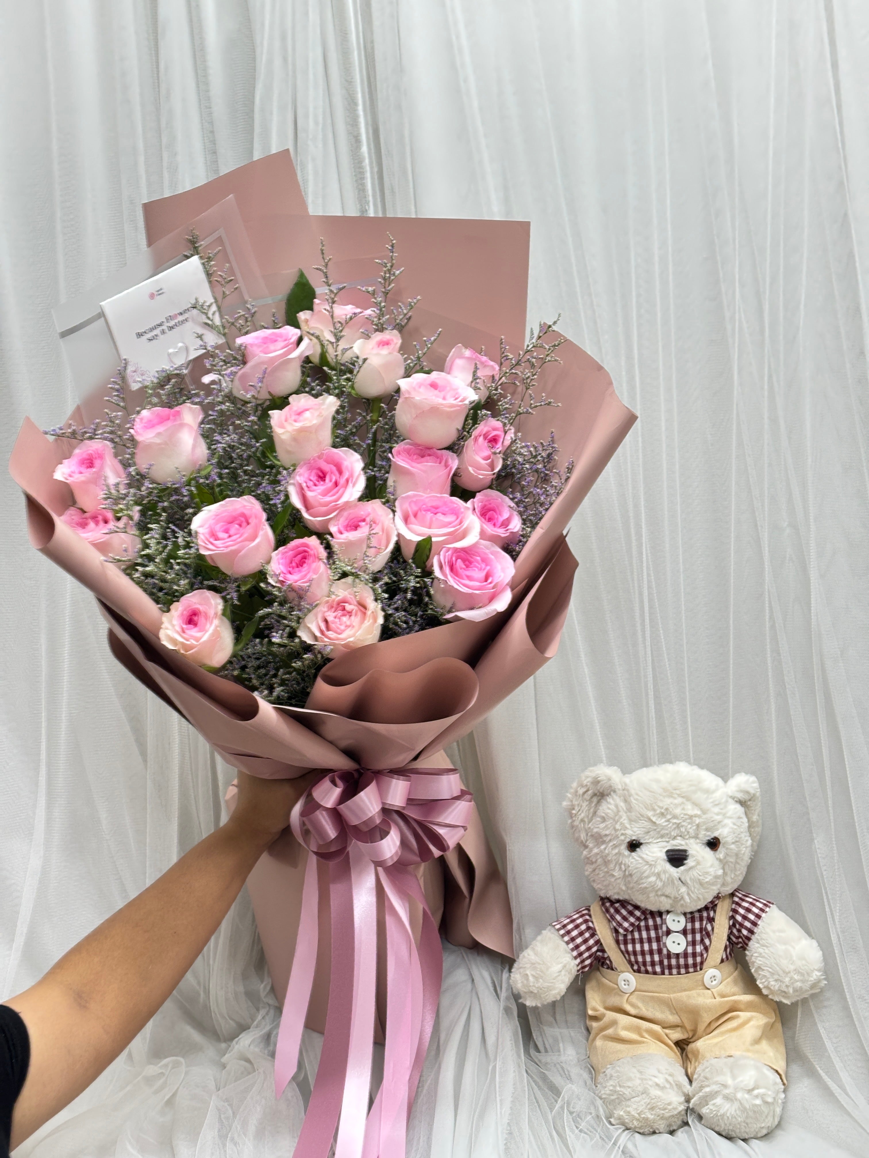 Bouquet Of Pink Roses With Caspia and Teddy Bear with Maroon Shirt