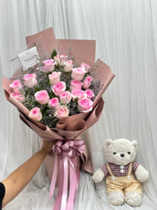 Bouquet Of Pink Roses With Caspia and Teddy Bear with Maroon Shirt