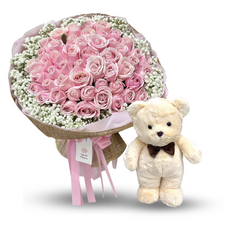 "Love and Sweetness" Bouquet Of 50 Pink Roses with Teddy Bear with Bow Tie