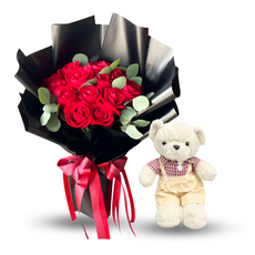 "All My Heart" Red Roses Bouquet and Teddy Bear with Maroon Shirt (H 40 CM)