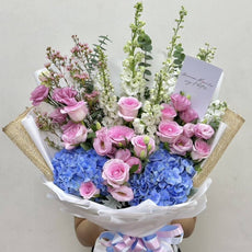 "Cotton Candy Sky" Bouquet of Blue Hydrangea, Pink Roses, Llisianthus With White Delphiniums