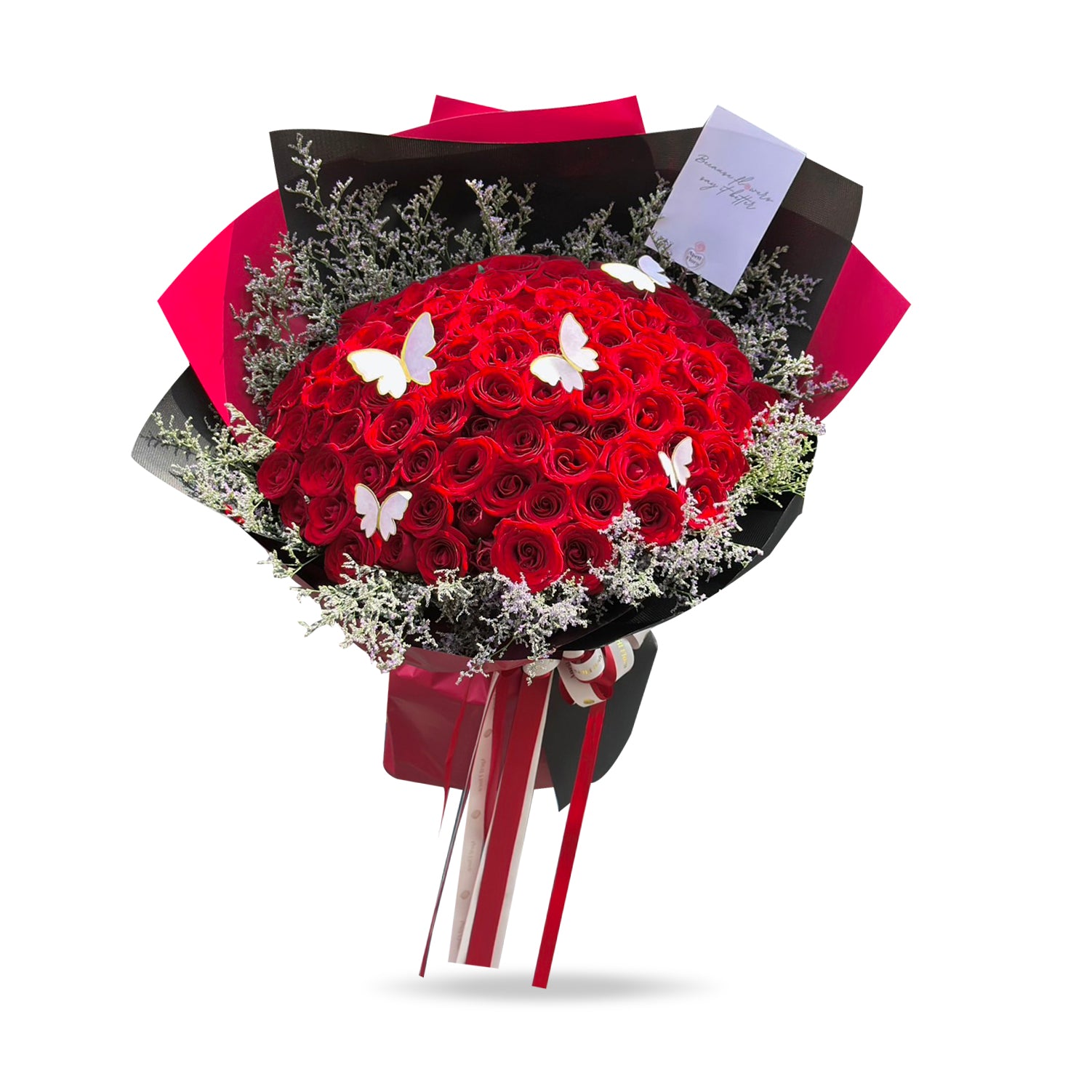 "Scarlet Symphony" Bouquet of 100 roses with butterfly paper