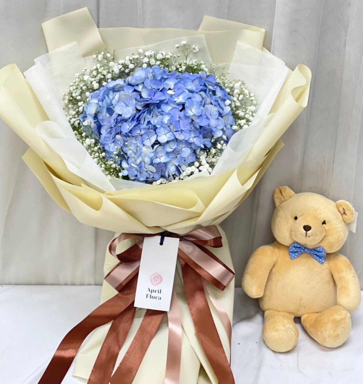 "Blue Love" bouquet of blue hydrangea & Teddy Bear with bow tie - Phuket
