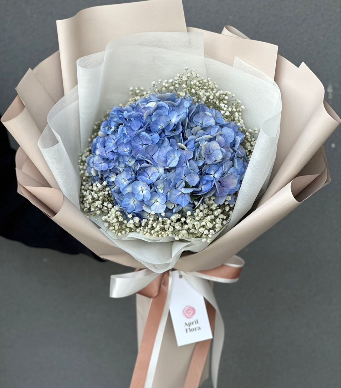 "Blue Love" bouquet of blue hydrangea and white gypso