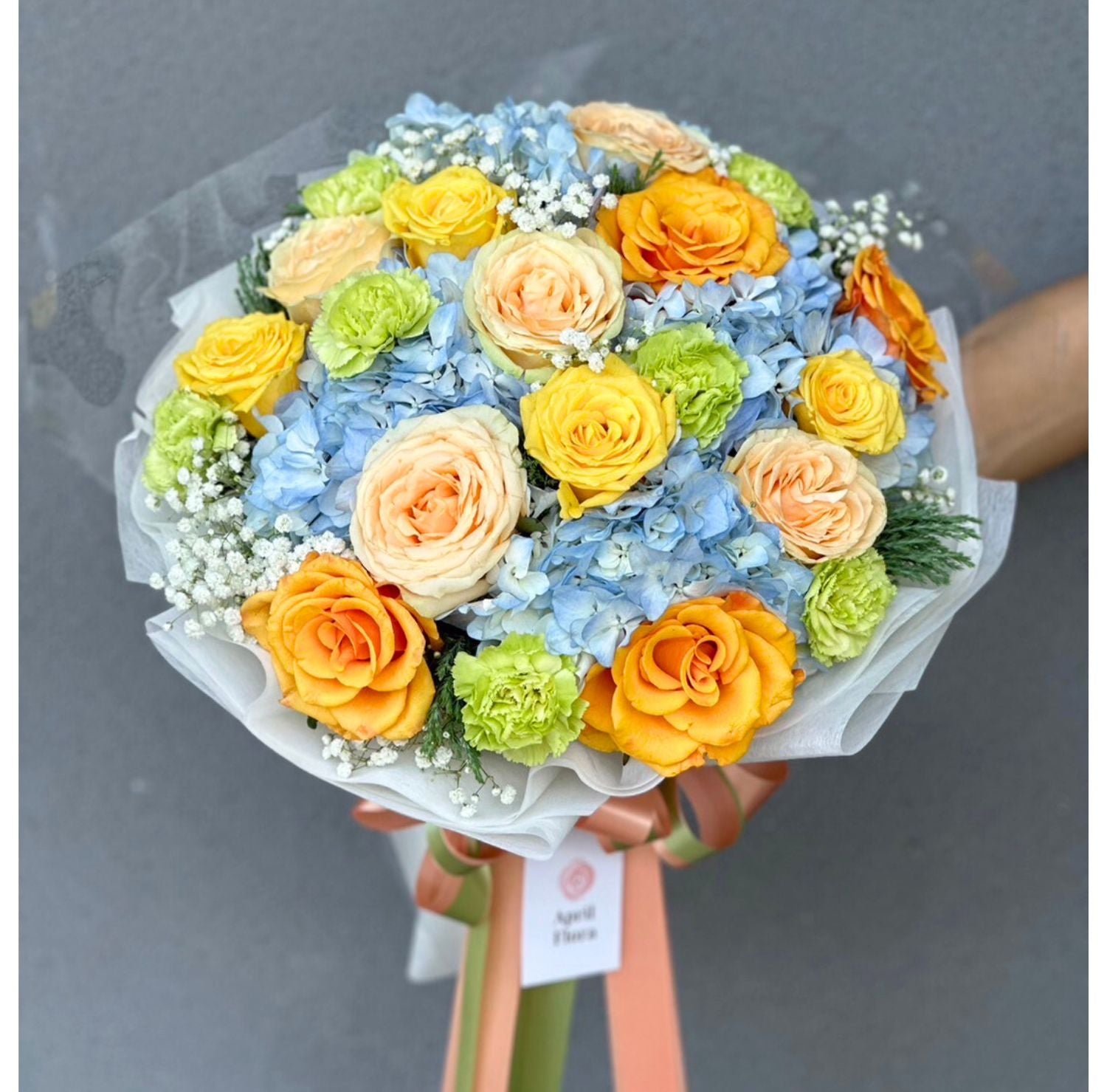 "Lovely Blue Cupid" Bouquet Of Hydrangea, Rose , Lisianthus and Gypso