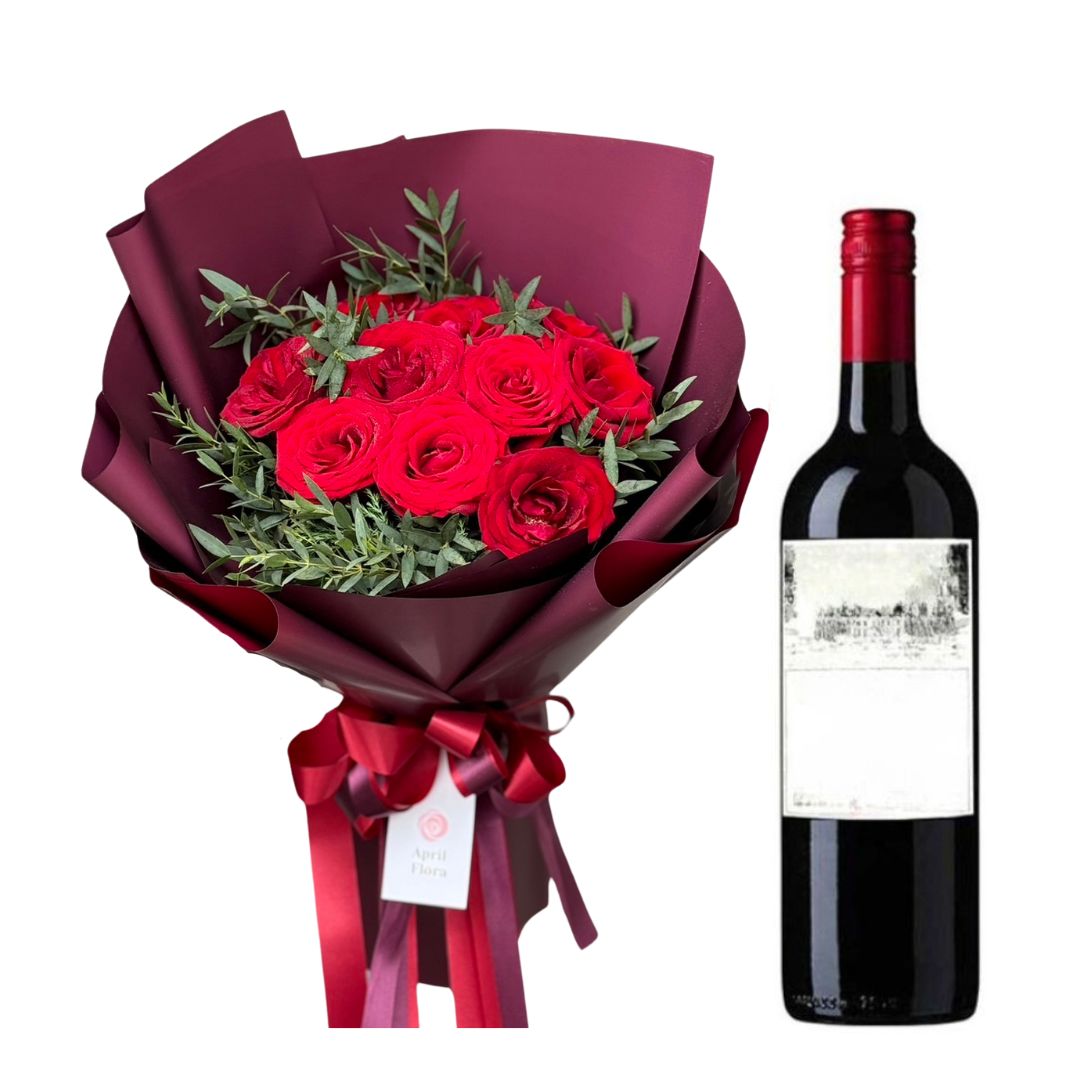 "Cheers" Bouquet Of 10 Roses With Red Wine