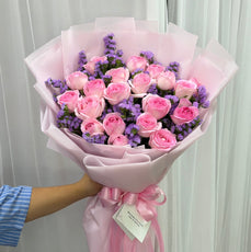 Lavender Dreams - 10 Pink Roses with Purple Statice Bouquet
