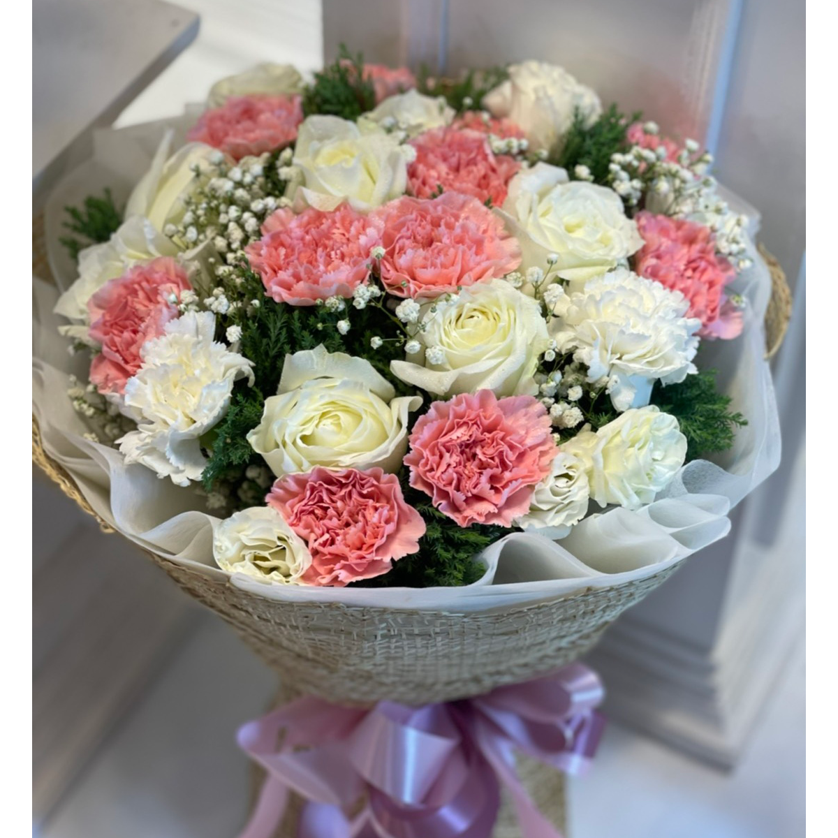 Girly Bouquet Of Roses, Carnation And Caspia