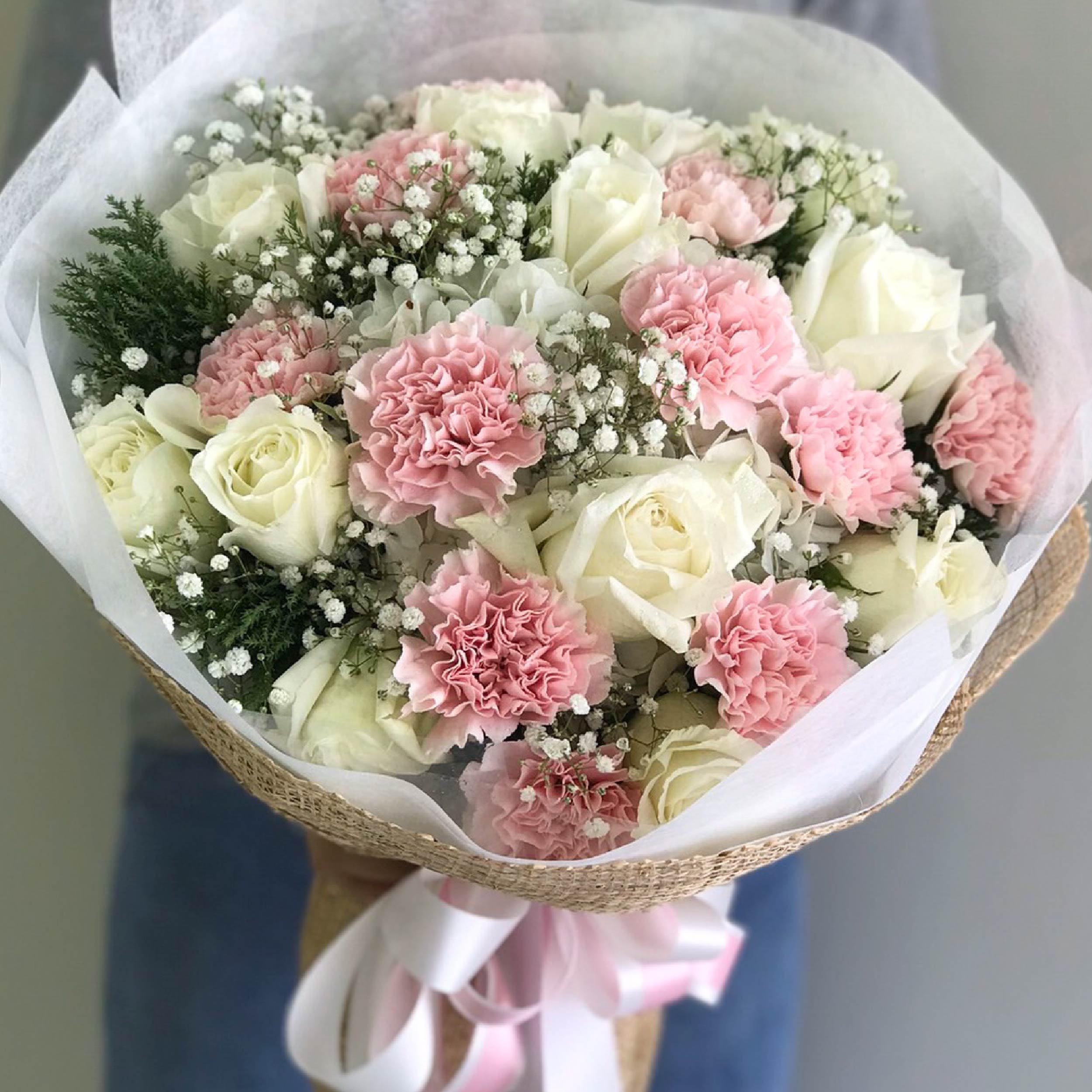 "The One and Only" Bouquet of pink carnations, white roses