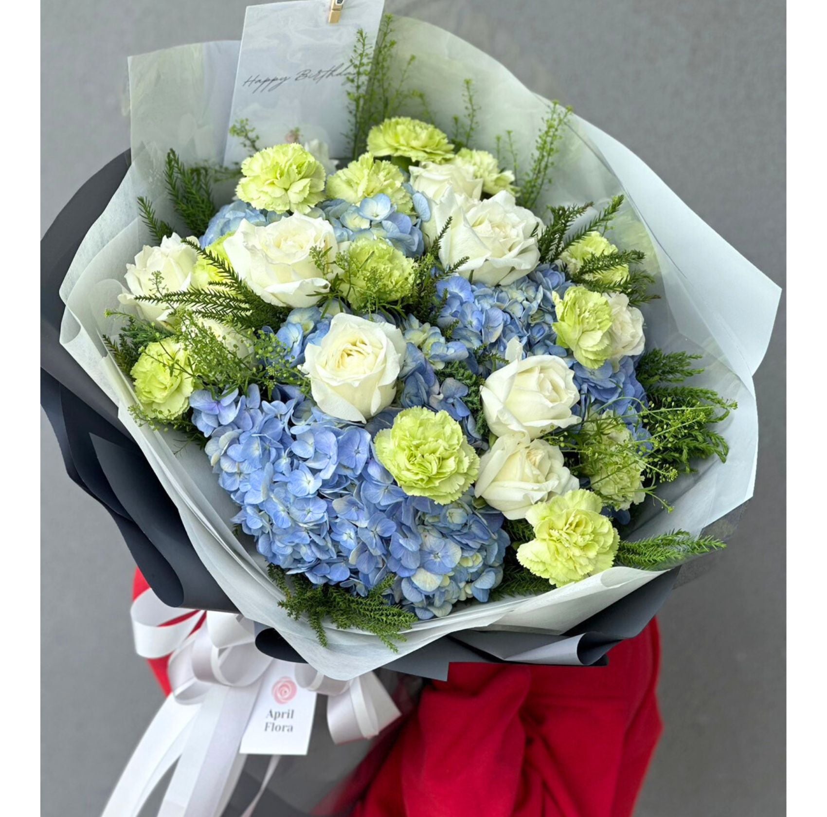 "Shades Of Blue" Bouquet With Roses, Hydrangea And Carnation