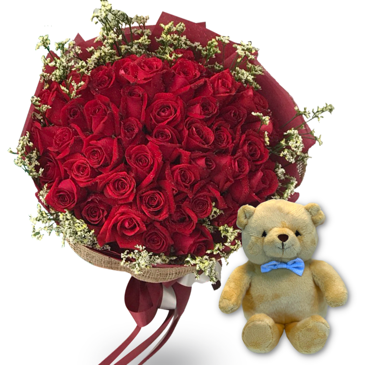 "Love and Happiness" Bouquet Of 50 Red Roses with Teddy Bear with Bow Tie
