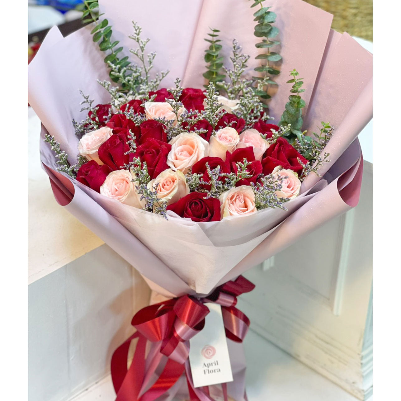Bouquet Of 30 Roses And Eucalyptus
